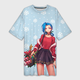 Платье-футболка 3D с принтом New Year Jinx в Санкт-Петербурге,  |  | christmas | game | jinx | legends | legue | legueoflegends | lol | snow | snowflakes | xmas | безбашенная | джинкс | игра | легенд | лига | лигалегенд | лол | рождество | стрелок | хулиганка