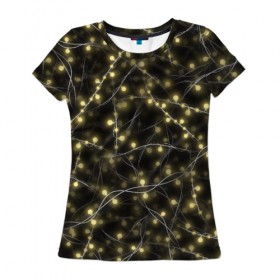Женская футболка 3D с принтом Новогодняя гирлянда в Санкт-Петербурге, 100% полиэфир ( синтетическое хлопкоподобное полотно) | прямой крой, круглый вырез горловины, длина до линии бедер | желтый | лампочки | новый год | огни | огоньки | провода | свет | черный | электрогирлянда