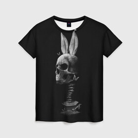Женская футболка 3D с принтом Зая в Санкт-Петербурге, 100% полиэфир ( синтетическое хлопкоподобное полотно) | прямой крой, круглый вырез горловины, длина до линии бедер | бабочки | животные | зая | заяц | кости | кролик | череп | черно белый | черное и белое