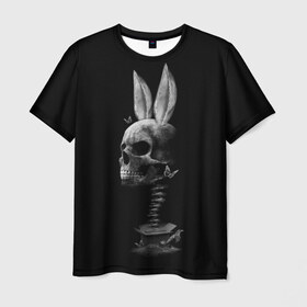 Мужская футболка 3D с принтом Зая в Санкт-Петербурге, 100% полиэфир | прямой крой, круглый вырез горловины, длина до линии бедер | бабочки | животные | зая | заяц | кости | кролик | череп | черно белый | черное и белое