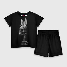 Детский костюм с шортами 3D с принтом Зая в Санкт-Петербурге,  |  | бабочки | животные | зая | заяц | кости | кролик | череп | черно белый | черное и белое
