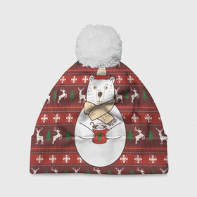 Шапка 3D c помпоном с принтом Новогодний мишка с кофе в Санкт-Петербурге, 100% полиэстер | универсальный размер, печать по всей поверхности изделия | 2019 | белый | белыймедведь | вязанный | зефирки | зимний | кофе | медведь | мишка | новыйгод | олени | свитерсоленями | шарф