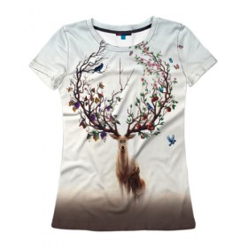 Женская футболка 3D с принтом Олень с ветвями вместо рог в Санкт-Петербурге, 100% полиэфир ( синтетическое хлопкоподобное полотно) | прямой крой, круглый вырез горловины, длина до линии бедер | бабочка | волшебство | деревья | лес | листья | оленёнок | природа | птица | сказка | фрукты | цветы
