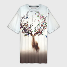 Платье-футболка 3D с принтом Олень с ветвями вместо рог в Санкт-Петербурге,  |  | бабочка | волшебство | деревья | лес | листья | оленёнок | природа | птица | сказка | фрукты | цветы