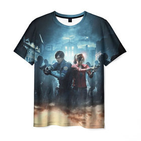 Мужская футболка 3D с принтом Resident Evil 2 в Санкт-Петербурге, 100% полиэфир | прямой крой, круглый вырез горловины, длина до линии бедер | 2 | 2019 | resident evil | герои | игра | клер | клэр | леон | обитель зла | пистолеты | постер | ремейк