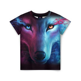 Детская футболка 3D с принтом WOLF в Санкт-Петербурге, 100% гипоаллергенный полиэфир | прямой крой, круглый вырез горловины, длина до линии бедер, чуть спущенное плечо, ткань немного тянется | hunter | wild | wolf | волк | животные | звери | охотник