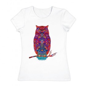 Женская футболка хлопок с принтом Магическая сова в Санкт-Петербурге, 100% хлопок | прямой крой, круглый вырез горловины, длина до линии бедер, слегка спущенное плечо | 