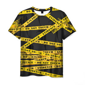 Мужская футболка 3D с принтом Улика - не трогать в Санкт-Петербурге, 100% полиэфир | прямой крой, круглый вырез горловины, длина до линии бедер | art | black | dark | evidence | fashion | graffiti | paint | stripes | texture | underground | yellow | желтый | краска | лента | опечатано | преступление | улика | черный