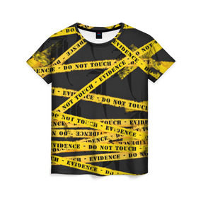 Женская футболка 3D с принтом Улика - не трогать в Санкт-Петербурге, 100% полиэфир ( синтетическое хлопкоподобное полотно) | прямой крой, круглый вырез горловины, длина до линии бедер | Тематика изображения на принте: art | black | dark | evidence | fashion | graffiti | paint | stripes | texture | underground | yellow | желтый | краска | лента | опечатано | преступление | улика | черный