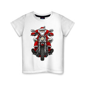 Детская футболка хлопок с принтом Санта на байке в Санкт-Петербурге, 100% хлопок | круглый вырез горловины, полуприлегающий силуэт, длина до линии бедер | art | new year | santa | арт | байк | байкер | дед мороз | мороз | мотоцикл | на бацке | новогодний | новый год | рисунок | санта клаус