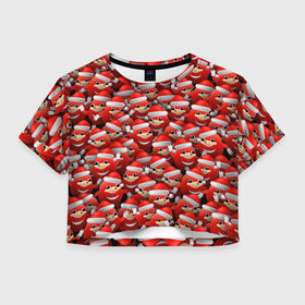 Женская футболка 3D укороченная с принтом Новогодние наклзы в Санкт-Петербурге, 100% полиэстер | круглая горловина, длина футболки до линии талии, рукава с отворотами | da way | meme | ехидна | колпак | красный | мем | наклз | новогодний | новый год | соник | шапка