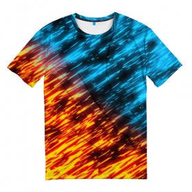Мужская футболка 3D с принтом БИТВА СТИХИЙ в Санкт-Петербурге, 100% полиэфир | прямой крой, круглый вырез горловины, длина до линии бедер | blue | bright | fire | heat | ice | light | orange | wildfire | битва огней | битва стихий | искры | огненный | огонь | оранжевый | пламя | пожар