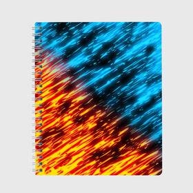 Тетрадь с принтом БИТВА СТИХИЙ в Санкт-Петербурге, 100% бумага | 48 листов, плотность листов — 60 г/м2, плотность картонной обложки — 250 г/м2. Листы скреплены сбоку удобной пружинной спиралью. Уголки страниц и обложки скругленные. Цвет линий — светло-серый
 | Тематика изображения на принте: blue | bright | fire | heat | ice | light | orange | wildfire | битва огней | битва стихий | искры | огненный | огонь | оранжевый | пламя | пожар