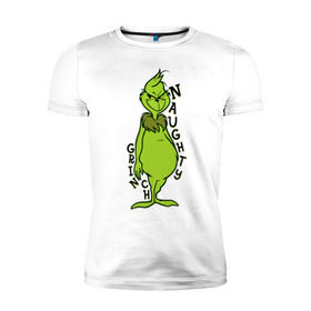 Мужская футболка премиум с принтом Naughty Grinch в Санкт-Петербурге, 92% хлопок, 8% лайкра | приталенный силуэт, круглый вырез ворота, длина до линии бедра, короткий рукав | Тематика изображения на принте: grinch | гринч | новый год | рождество
