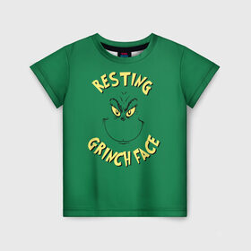 Детская футболка 3D с принтом Resting Grinch Face в Санкт-Петербурге, 100% гипоаллергенный полиэфир | прямой крой, круглый вырез горловины, длина до линии бедер, чуть спущенное плечо, ткань немного тянется | Тематика изображения на принте: grinch | гринч | новый год | рождество