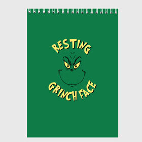 Скетчбук с принтом Resting Grinch Face в Санкт-Петербурге, 100% бумага
 | 48 листов, плотность листов — 100 г/м2, плотность картонной обложки — 250 г/м2. Листы скреплены сверху удобной пружинной спиралью | Тематика изображения на принте: grinch | гринч | новый год | рождество