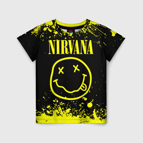 Детская футболка 3D с принтом Nirvana в Санкт-Петербурге, 100% гипоаллергенный полиэфир | прямой крой, круглый вырез горловины, длина до линии бедер, чуть спущенное плечо, ткань немного тянется | grunge | kurt cobain | nirvana | группы | курт кобейн | музыка | нирвана | рок | смайл | смайлик