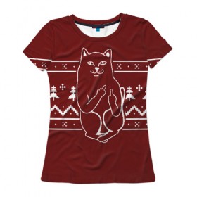 Женская футболка 3D с принтом Рождественский кот в Санкт-Петербурге, 100% полиэфир ( синтетическое хлопкоподобное полотно) | прямой крой, круглый вырез горловины, длина до линии бедер | 
