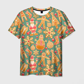 Мужская футболка 3D с принтом Новогодний имбирный пряник в Санкт-Петербурге, 100% полиэфир | прямой крой, круглый вырез горловины, длина до линии бедер | Тематика изображения на принте: 