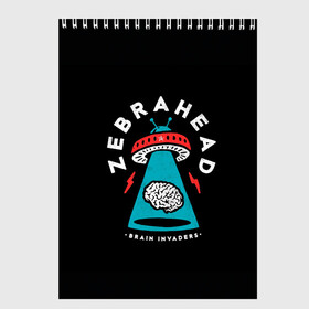Скетчбук с принтом Zebrahead - Brain Invaders в Санкт-Петербурге, 100% бумага
 | 48 листов, плотность листов — 100 г/м2, плотность картонной обложки — 250 г/м2. Листы скреплены сверху удобной пружинной спиралью | album | brain | core | invaders | mind | rapcore | rock | ufo | zebrahead | альбом | зебрахед | мозг