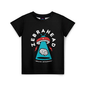Детская футболка 3D с принтом Zebrahead - Brain Invaders в Санкт-Петербурге, 100% гипоаллергенный полиэфир | прямой крой, круглый вырез горловины, длина до линии бедер, чуть спущенное плечо, ткань немного тянется | album | brain | core | invaders | mind | rapcore | rock | ufo | zebrahead | альбом | зебрахед | мозг