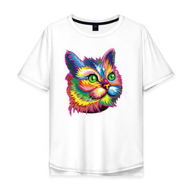 Мужская футболка хлопок Oversize с принтом Радужный кот в Санкт-Петербурге, 100% хлопок | свободный крой, круглый ворот, “спинка” длиннее передней части | cat | cats | colourfully | rainbow | веселый кот | кот | котик | коша | радуга | радужная кошка | разноцветная