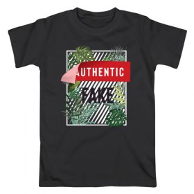 Мужская футболка хлопок с принтом Fake в Санкт-Петербурге, 100% хлопок | прямой крой, круглый вырез горловины, длина до линии бедер, слегка спущенное плечо. | fake | надпись | подделка | растения | тропики
