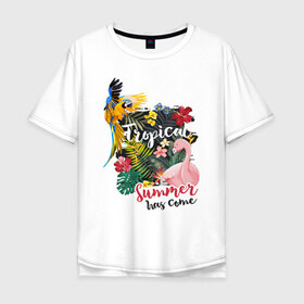 Мужская футболка хлопок Oversize с принтом Тропики в Санкт-Петербурге, 100% хлопок | свободный крой, круглый ворот, “спинка” длиннее передней части | попугай | растения | тропики | фламинго