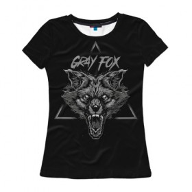 Женская футболка 3D с принтом Серый Лис в Санкт-Петербурге, 100% полиэфир ( синтетическое хлопкоподобное полотно) | прямой крой, круглый вырез горловины, длина до линии бедер | fox | gray fox | волк | животное | клыки | лиса | оскал | пасть | серый | фокс