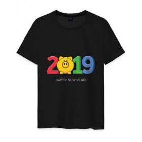 Мужская футболка хлопок с принтом Happy New Year 2019 в Санкт-Петербурге, 100% хлопок | прямой крой, круглый вырез горловины, длина до линии бедер, слегка спущенное плечо. | 