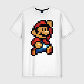 Мужская футболка премиум с принтом Супер Марио в Санкт-Петербурге, 92% хлопок, 8% лайкра | приталенный силуэт, круглый вырез ворота, длина до линии бедра, короткий рукав | 8 бит | 8bit | 8бит | bit | dendy | game | mario | pixel | super mario | денди | марио | пиксель | супер марио