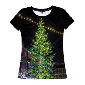 Женская футболка 3D с принтом Рождественская елка в Санкт-Петербурге, 100% полиэфир ( синтетическое хлопкоподобное полотно) | прямой крой, круглый вырез горловины, длина до линии бедер | 