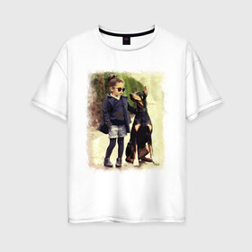 Женская футболка хлопок Oversize с принтом Девочка и доберман в Санкт-Петербурге, 100% хлопок | свободный крой, круглый ворот, спущенный рукав, длина до линии бедер
 | девочка | доберман | дружба | животные | собака
