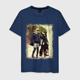 Мужская футболка хлопок с принтом Девочка и доберман в Санкт-Петербурге, 100% хлопок | прямой крой, круглый вырез горловины, длина до линии бедер, слегка спущенное плечо. | девочка | доберман | дружба | животные | собака