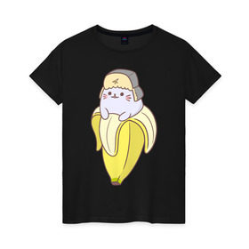 Женская футболка хлопок с принтом Бананька в Санкт-Петербурге, 100% хлопок | прямой крой, круглый вырез горловины, длина до линии бедер, слегка спущенное плечо | Тематика изображения на принте: anime | bananya | cat | neko | аниме | бананька | кот