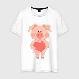 Мужская футболка хлопок с принтом Love Pig в Санкт-Петербурге, 100% хлопок | прямой крой, круглый вырез горловины, длина до линии бедер, слегка спущенное плечо. | 2019 | дед мороз | дом | елка | желание | животные | зима | кабан | милый | мороз | настроение | новый год | пеппа | подарок | позитив | поросенок | праздник | радость | рождество | санта клаус | свинка