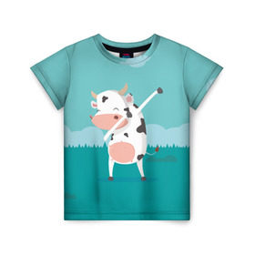 Детская футболка 3D с принтом DAB Корова в Санкт-Петербурге, 100% гипоаллергенный полиэфир | прямой крой, круглый вырез горловины, длина до линии бедер, чуть спущенное плечо, ткань немного тянется | dab | dabbing | даб | даббинг | корова | танец