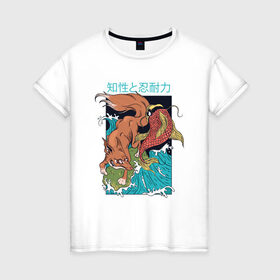 Женская футболка хлопок с принтом Лиса и Рыба в Санкт-Петербурге, 100% хлопок | прямой крой, круглый вырез горловины, длина до линии бедер, слегка спущенное плечо | 