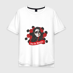 Мужская футболка хлопок Oversize с принтом dia de muertos в Санкт-Петербурге, 100% хлопок | свободный крой, круглый ворот, “спинка” длиннее передней части | голова | девушка | кость | розы | скальп | скальпель | ужасы | хоррор | цветы | череп | черепок