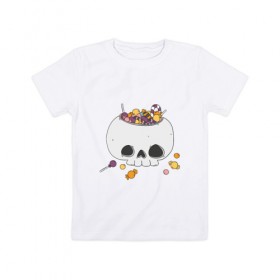 Детская футболка хлопок с принтом Череп с конфетами в Санкт-Петербурге, 100% хлопок | круглый вырез горловины, полуприлегающий силуэт, длина до линии бедер | голова | конфеты | кость | леденцы | скальп | скальпель | сладости | ужасы | хоррор | череп | черепок