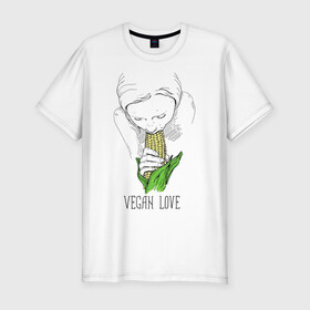 Мужская футболка хлопок Slim с принтом Vegan Love в Санкт-Петербурге, 92% хлопок, 8% лайкра | приталенный силуэт, круглый вырез ворота, длина до линии бедра, короткий рукав | веганство | вегетарианство | здоровье | зелень | кукуруза | любовь | овощ | овощи | растение