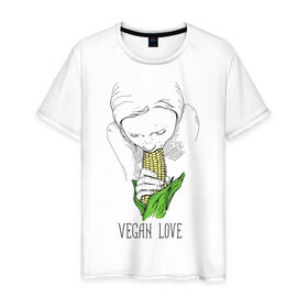 Мужская футболка хлопок с принтом Vegan Love в Санкт-Петербурге, 100% хлопок | прямой крой, круглый вырез горловины, длина до линии бедер, слегка спущенное плечо. | веганство | вегетарианство | здоровье | зелень | кукуруза | любовь | овощ | овощи | растение