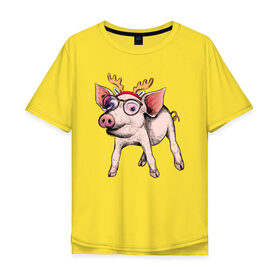 Мужская футболка хлопок Oversize с принтом Свинья Олень в Санкт-Петербурге, 100% хлопок | свободный крой, круглый ворот, “спинка” длиннее передней части | Тематика изображения на принте: зима | новый год | олени | свинка | свинья