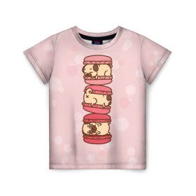 Детская футболка 3D с принтом Мопс Макарун в Санкт-Петербурге, 100% гипоаллергенный полиэфир | прямой крой, круглый вырез горловины, длина до линии бедер, чуть спущенное плечо, ткань немного тянется | Тематика изображения на принте: pug | десерт | мопс | пирожное | сладость