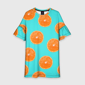 Детское платье 3D с принтом Апельсины в Санкт-Петербурге, 100% полиэстер | прямой силуэт, чуть расширенный к низу. Круглая горловина, на рукавах — воланы | Тематика изображения на принте: апельсин | апельсины | грейпфрукт | грейпфрут | разрез | сочный | фрукт