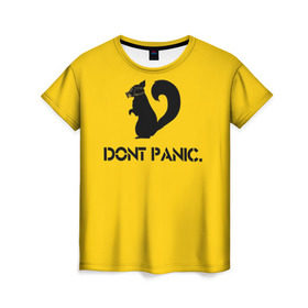 Женская футболка 3D с принтом Dont Panic. в Санкт-Петербурге, 100% полиэфир ( синтетическое хлопкоподобное полотно) | прямой крой, круглый вырез горловины, длина до линии бедер | Тематика изображения на принте: dont panic | белка | енот | скунс