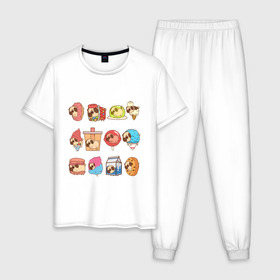 Мужская пижама хлопок с принтом Мопсы в Санкт-Петербурге, 100% хлопок | брюки и футболка прямого кроя, без карманов, на брюках мягкая резинка на поясе и по низу штанин
 | Тематика изображения на принте: cockie | fastfood | junkfood | pug | еда | мороженое | печенье | печеньки | пироженое | собака | фастфуд