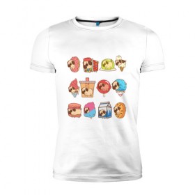 Мужская футболка премиум с принтом Мопсы в Санкт-Петербурге, 92% хлопок, 8% лайкра | приталенный силуэт, круглый вырез ворота, длина до линии бедра, короткий рукав | cockie | fastfood | junkfood | pug | еда | мороженое | печенье | печеньки | пироженое | собака | фастфуд