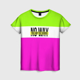 Женская футболка 3D с принтом Serious зелено-розовый в Санкт-Петербурге, 100% полиэфир ( синтетическое хлопкоподобное полотно) | прямой крой, круглый вырез горловины, длина до линии бедер | Тематика изображения на принте: кислотные костюмы | кислотные цвета | неон | флуоресцентные принты