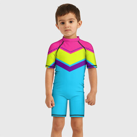 Детский купальный костюм 3D с принтом Цветные треугольники_голубой в Санкт-Петербурге, Полиэстер 85%, Спандекс 15% | застежка на молнии на спине | кислотные костюмы | кислотные цвета | неон | флуоресцентные принты